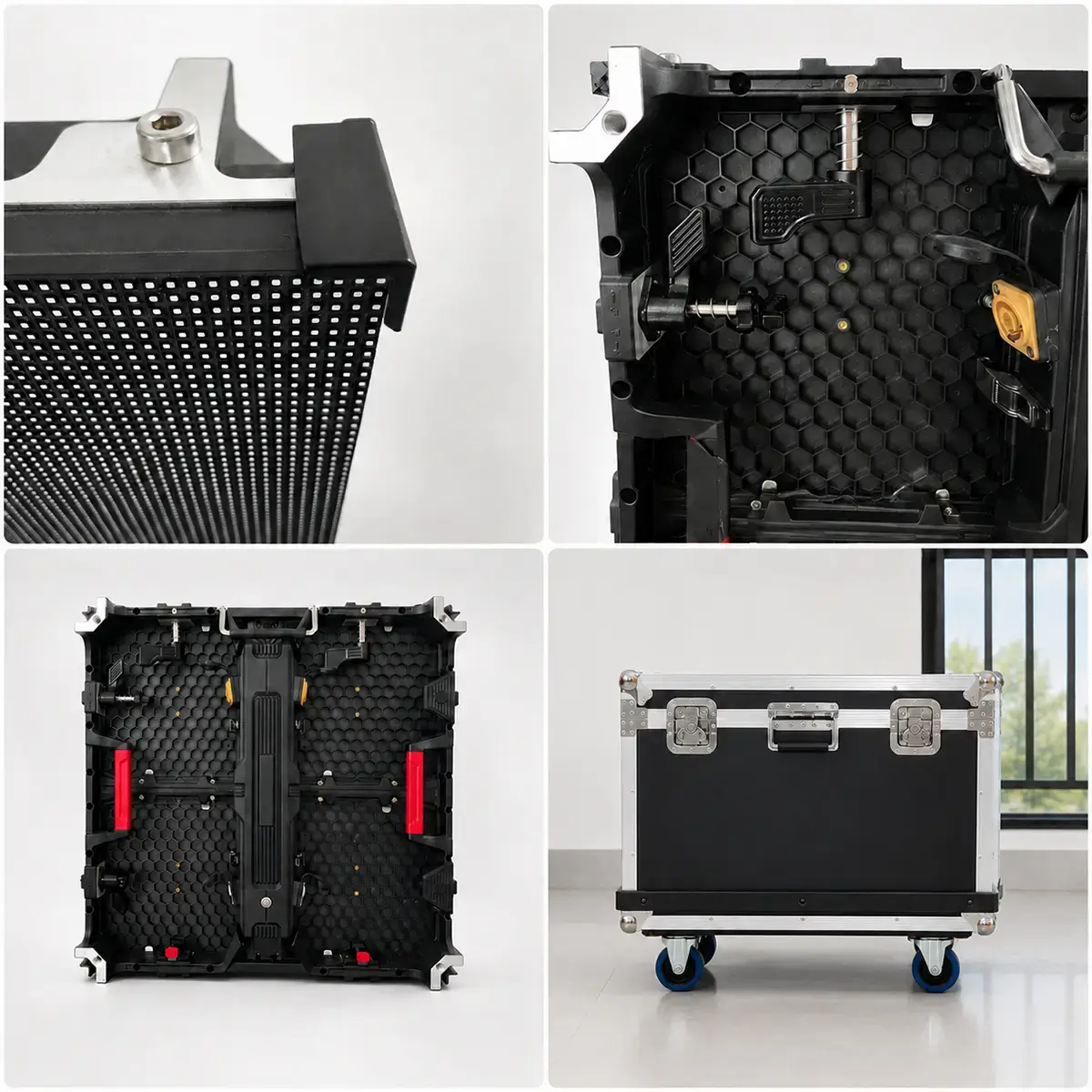 Durable rental LED cabinets featuring corner protection, flight case packing, and fast-locking systems for touring events