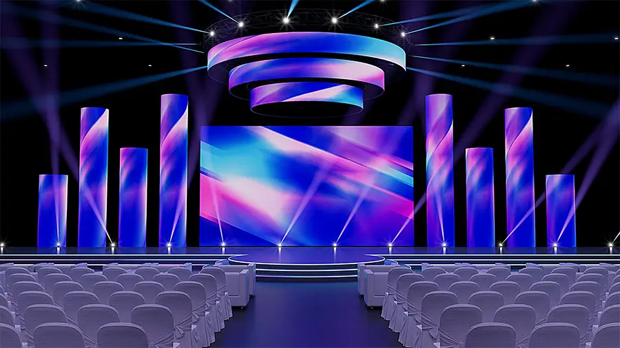 Indoor rental LED display cabinets setup for stage and corporate events